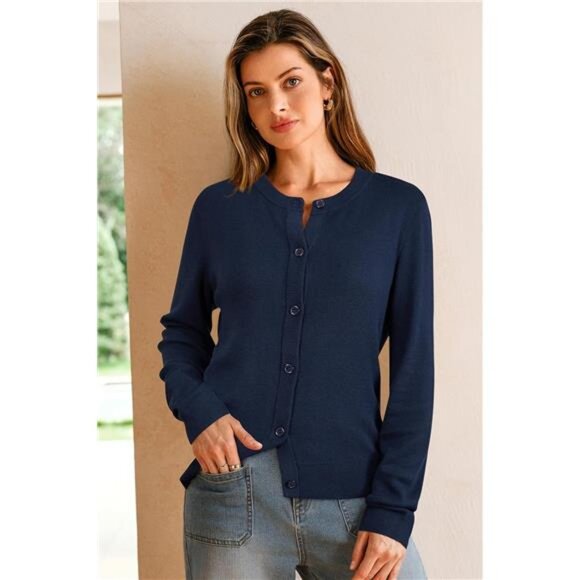 Women's Wool Blended Cardigan Sweaters Lightweight Navy Blue - Picture 4 of 7